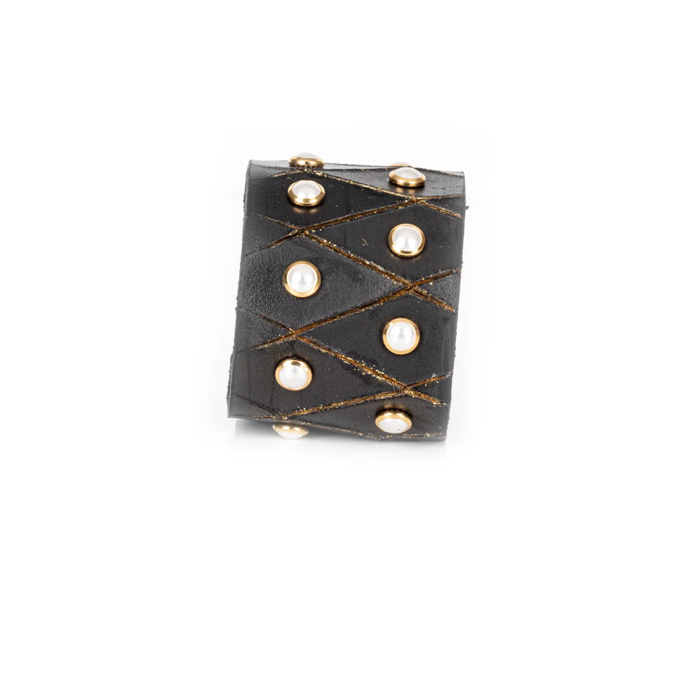 The Dark Black Leather Geometric Studded Cuff Bracelet with Pearl Accents