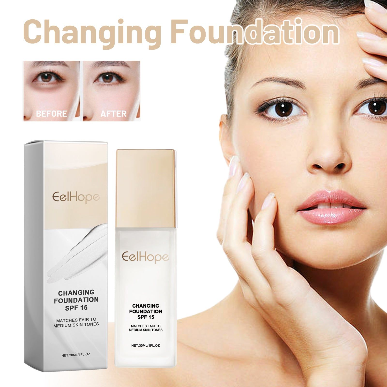 Changing Foundation, Concealer, Lighten Skin Tone, Natural Flawless Finish ,30ml