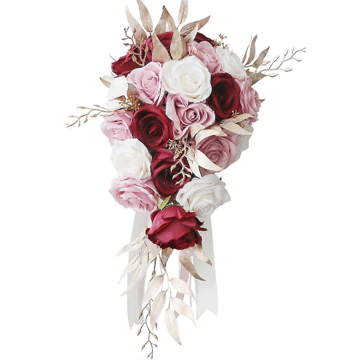 European Bridal Bouquet With Artificial Silk Flowers and Ribbon