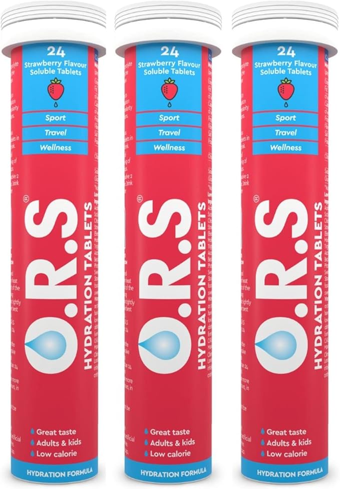 O.R.S Hydration Tablets With Electrolytes, Vegan, Gluten And Lactose Free Formula – Soluble Sports Hydration Tablets With Natural Strawberry Flavour, 72 Tablets (Pack Of 3 x 24)