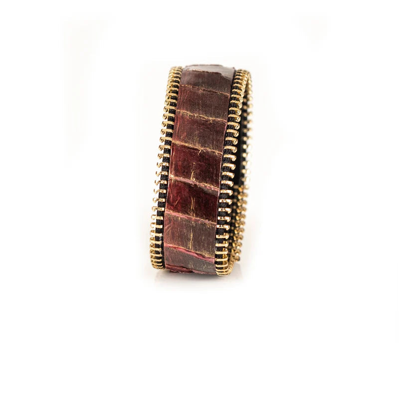 The Dark Burgundy Crocodile Leather Cuff with Gold Zipper Edges