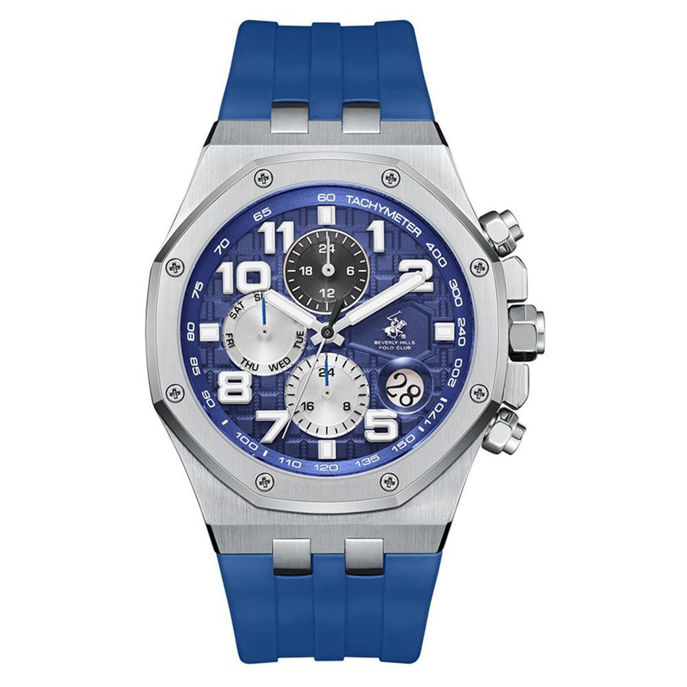 Beverly Hills Polo Club Men’s Blue Dial Multi-Function Watch, 50M Water Resistant, Stainless Steel Case, Blue Silicone Strap, BP3783X.399
