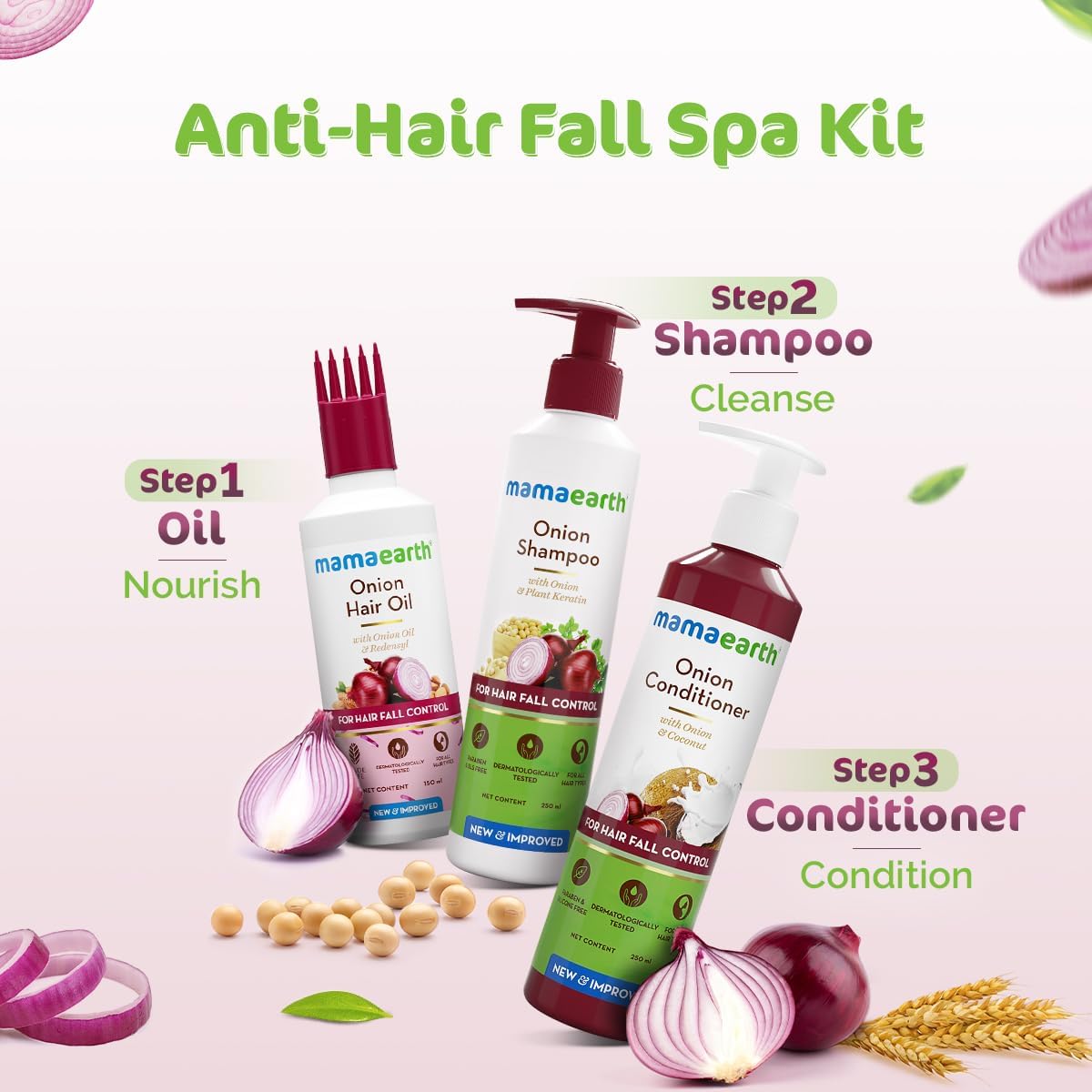 Mamaearth Anti Hair Fall Spa Kit with Onion Extract - 150ml Oil, 250ml Shampoo & Conditioner