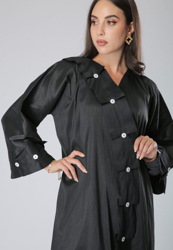 MOiSTREET Hindi Harir Black Pleats Buttons Lace Abaya
