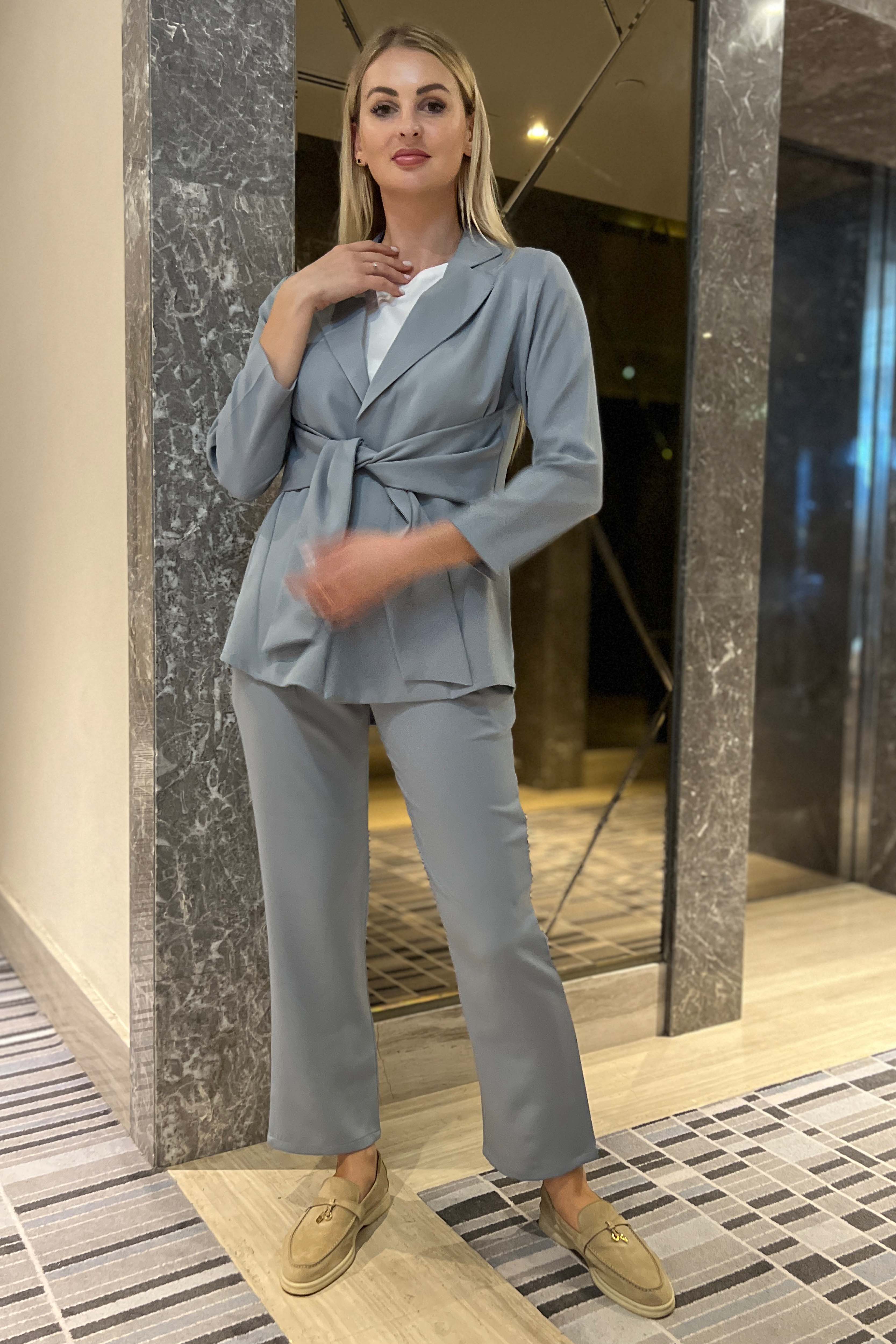 MOiSTREET Bluish Cyan  Barbie Crepe Fabric Blazer and Pants Set