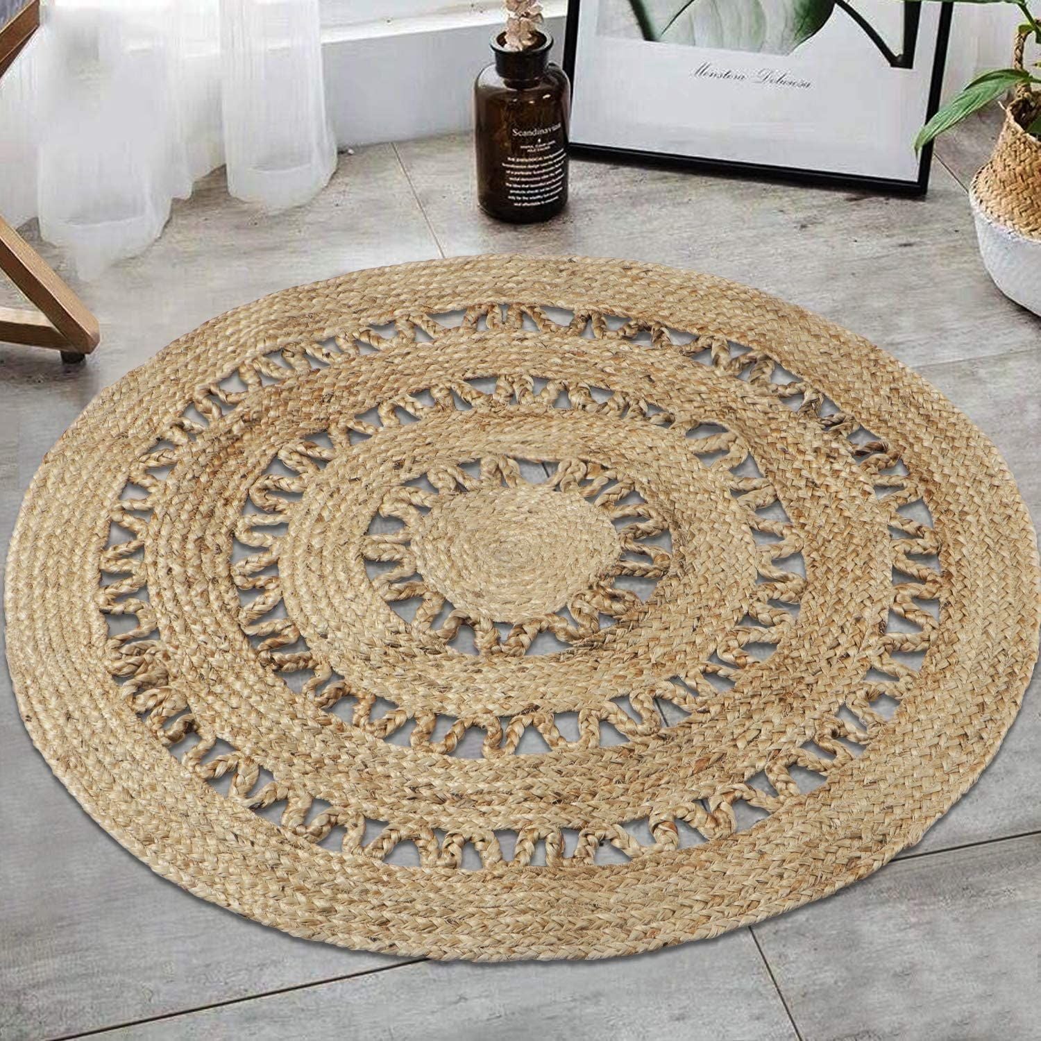 AIESY®  Jute Flower All Over Natural Beautiful Handwoven Rug