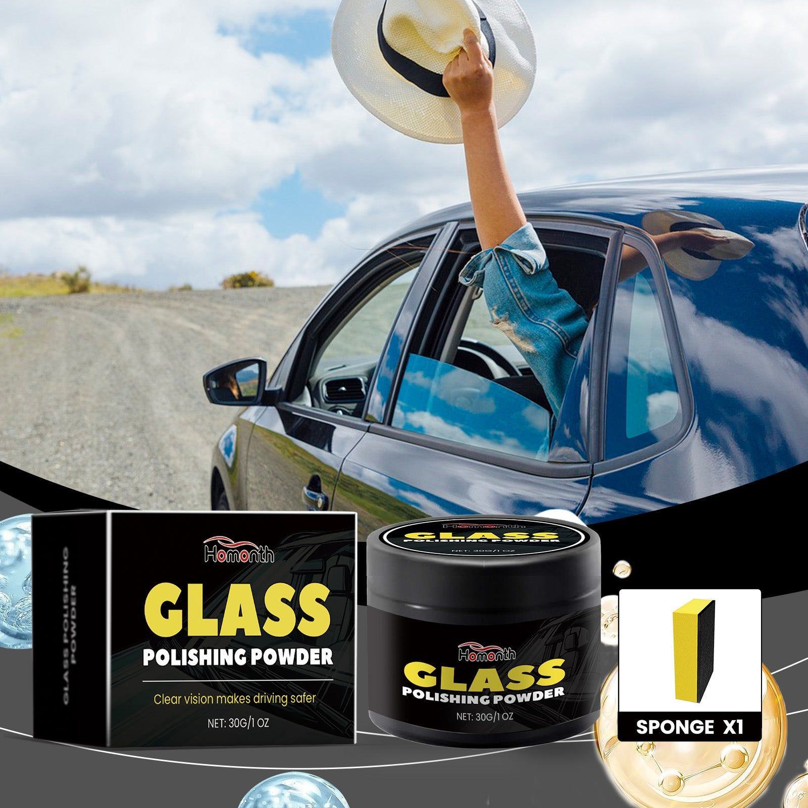 Car Glass Polishing Powder, Deep Cleaning and Decontamination for Crystal Clear Windshield ,1set