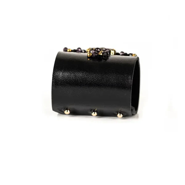 The Dark Black Leather Crystal Cuff Bracelet with Purple Gemstone and Beaded Detail Handmade Statement Bracelet