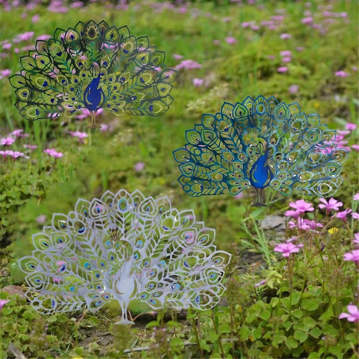Metal Peacocks Garden Stake,Yard Art Peacocks Statue Decorative,Green