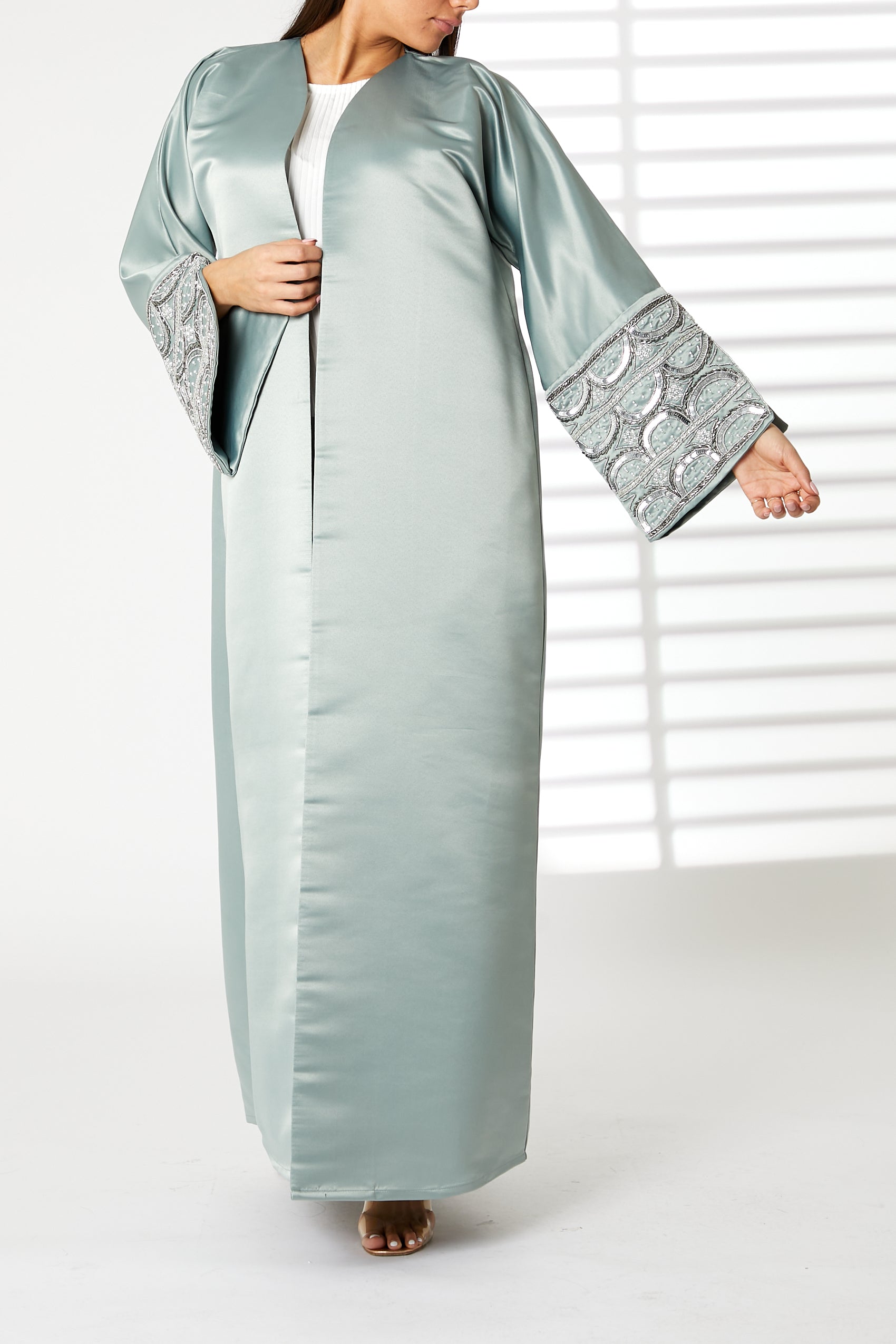 MOiSTREET Greenish Cyan V-Neck Bridal Satin Split Cuffs Abaya