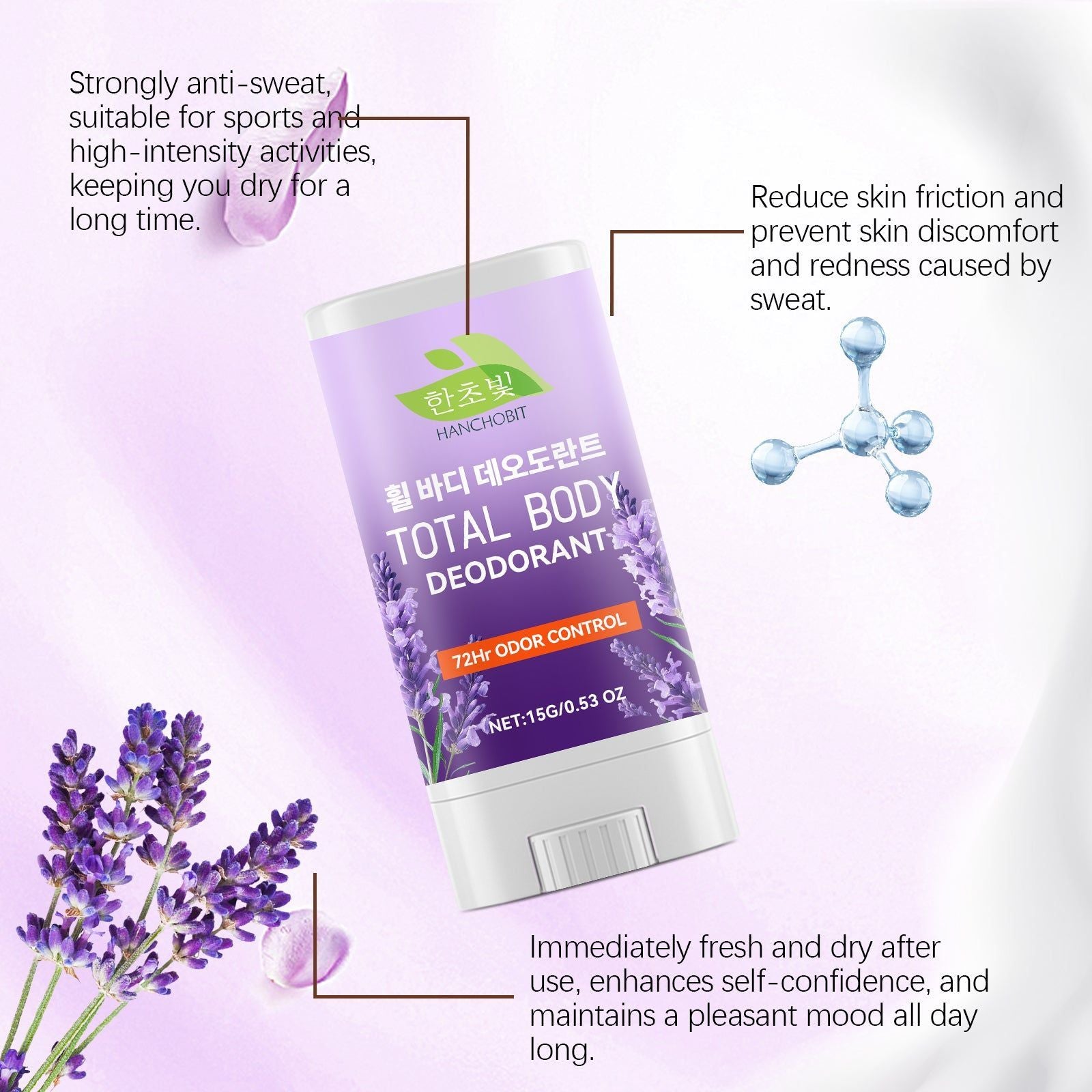 Body Care Stick, Lavender Antiperspirant, Long-Lasting Freshness, Gentle & Safe for Sensitive Skin ,15g