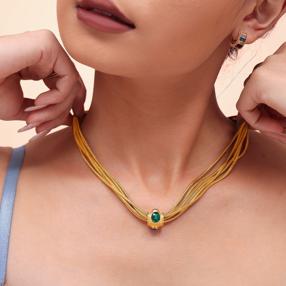 Multi Layer Chain Necklace Bracelet Set Titanium Steel Gold Plated Jewelry