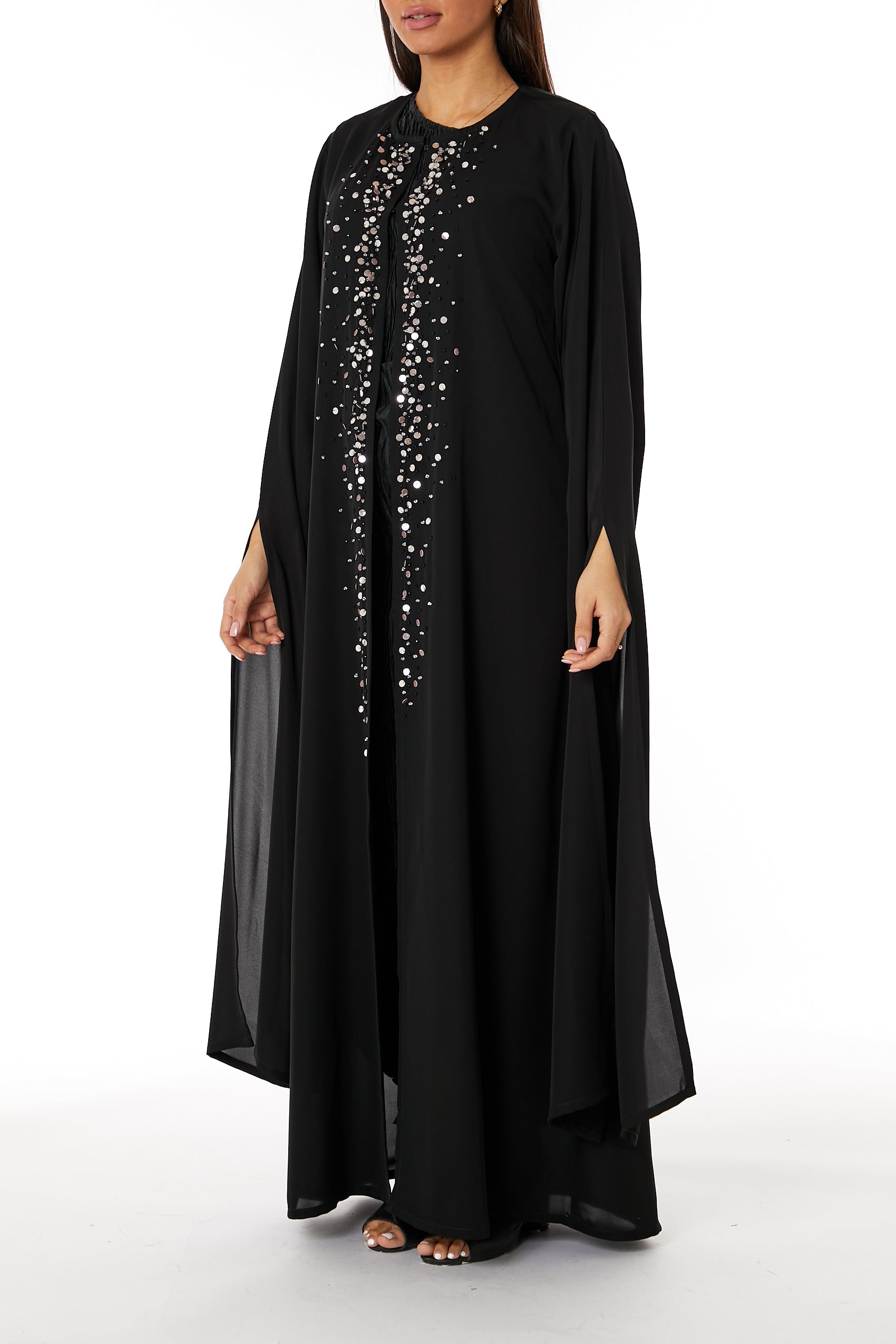MOiSTREET Black Round Neck Nida  Split Cuffs Embroidered Abaya