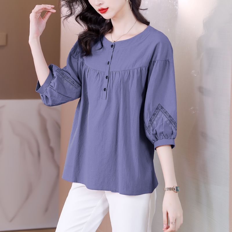 Cotton Linen Loose Fit Round Neck Short Sleeve Top For Women