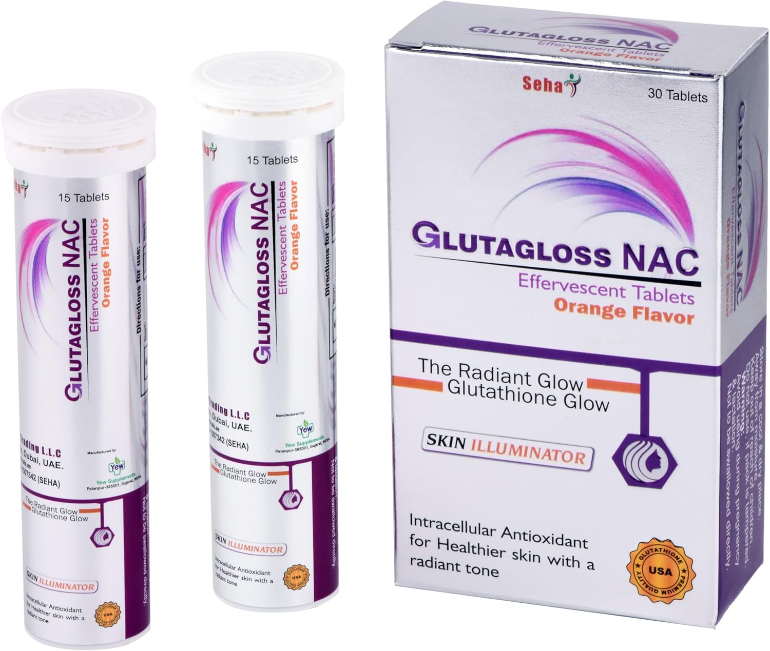 Glutagloss NAC Orange Flavour - Japanese L Glutathione,Vitamin C + NAC - 30 Effervescent Tablets