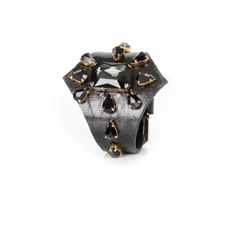 The Dark Black Obsidian Leather Cuff Bracelet
