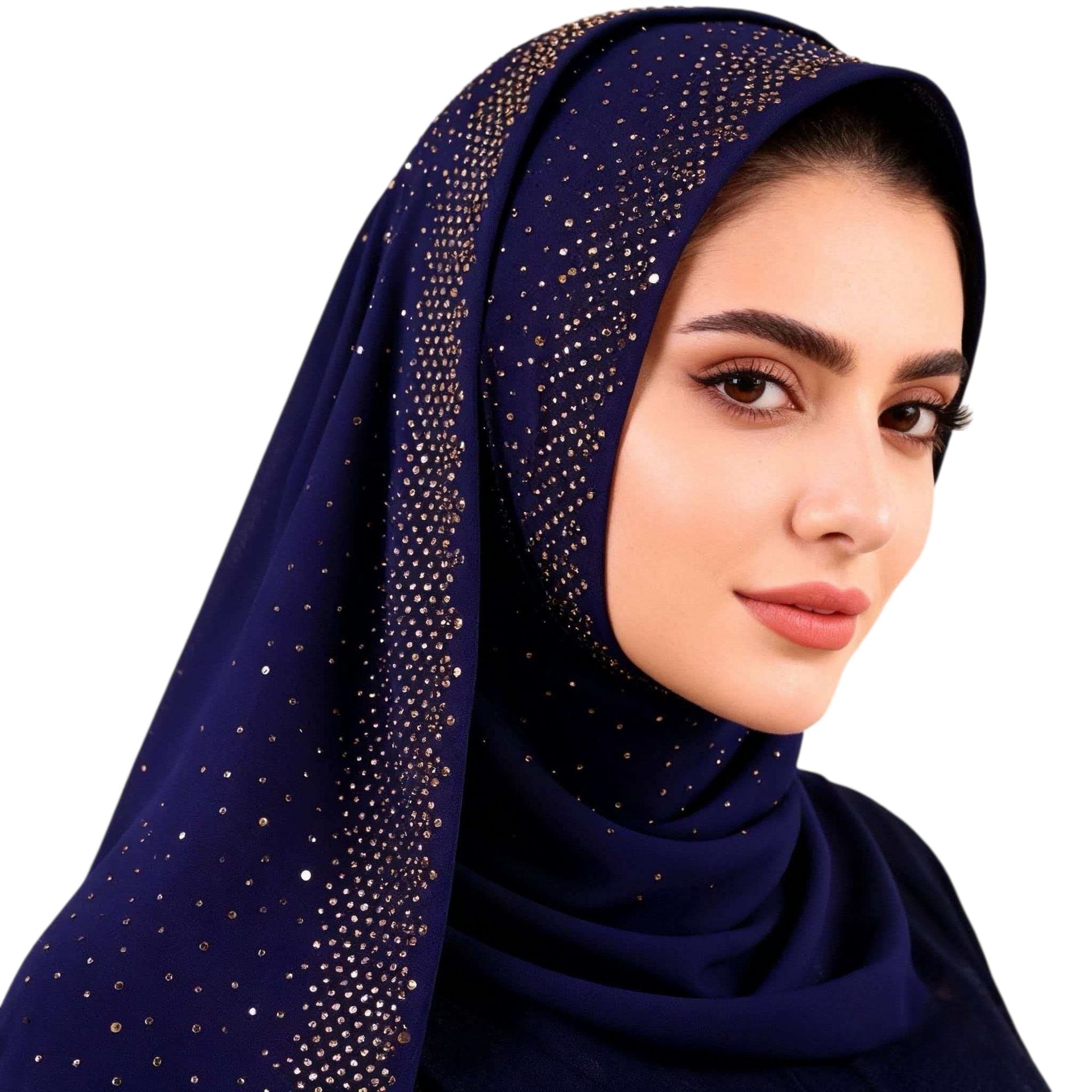 Navy Blue Chiffon Rhinestone Hijab Scarf for Women 170x70cm