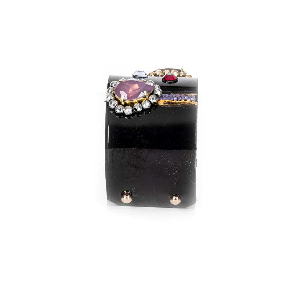 The Dark Black Leather Crystal Cuff Bracelet with Multicolor Stones