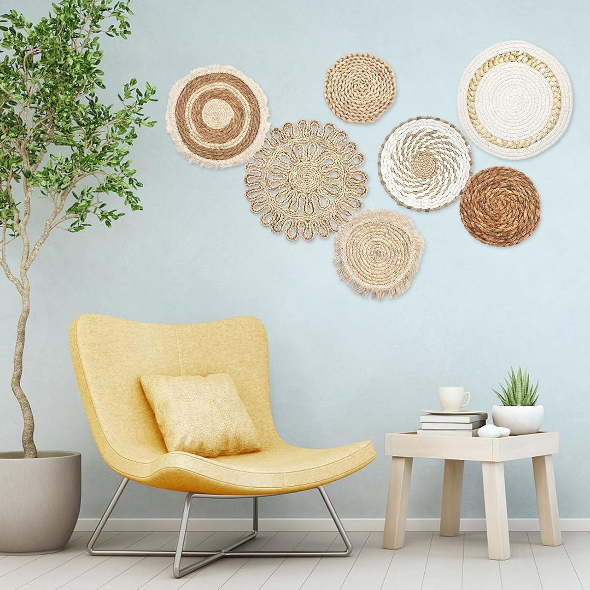 7pcs Boho Wall Baskets Wall Hanging Rattan Decor Farmhouse Macrame Hanging Woven Baskets