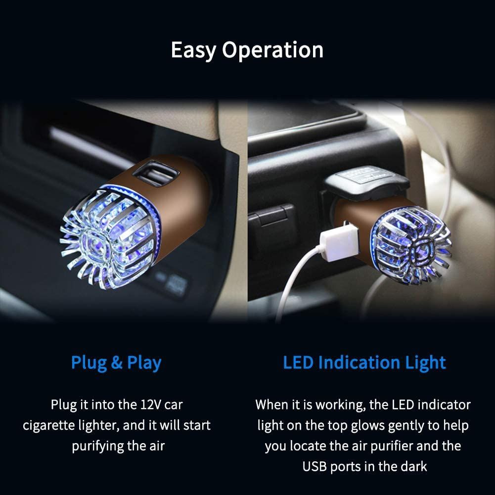 Car Air Purifier Ionizer Anti-Microbial Deodorizer Air Freshener With Dual USB Charger