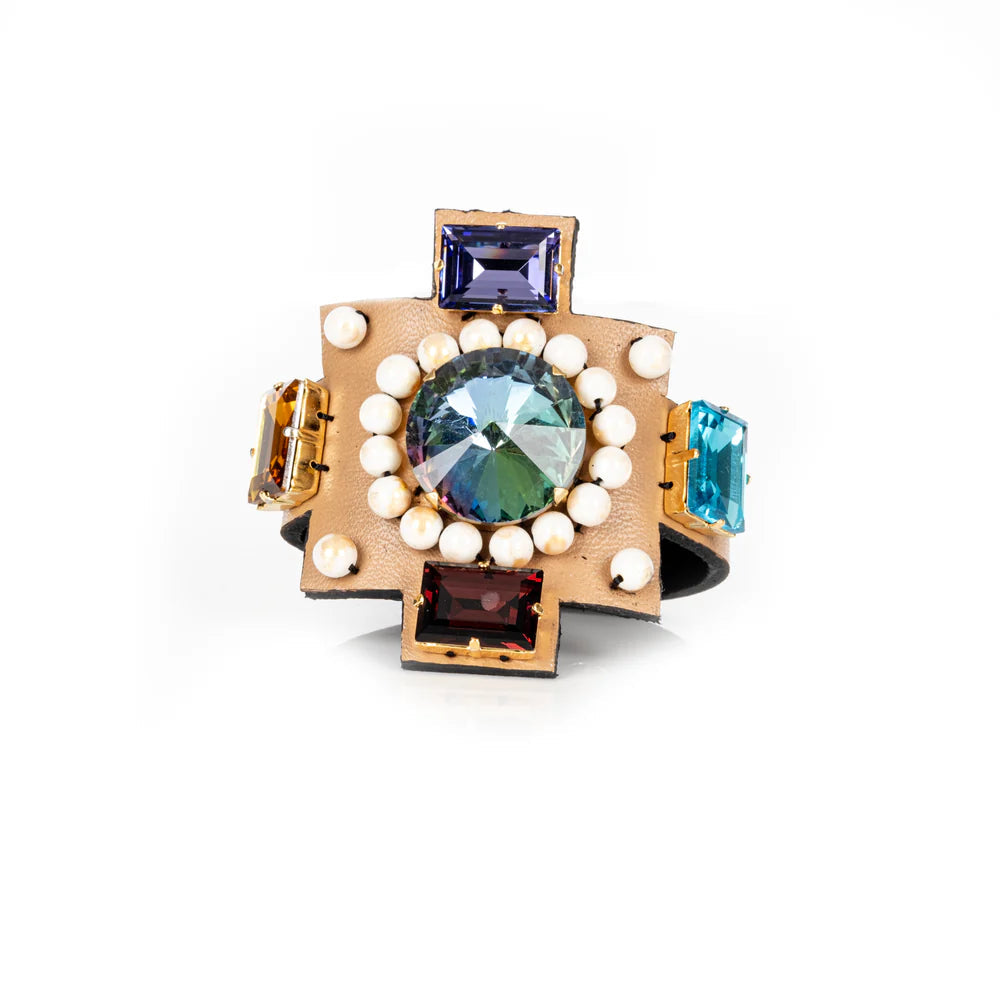 The Dark Prism Cross Cuff Multicolor Crystal Statement Leather Bracelet
