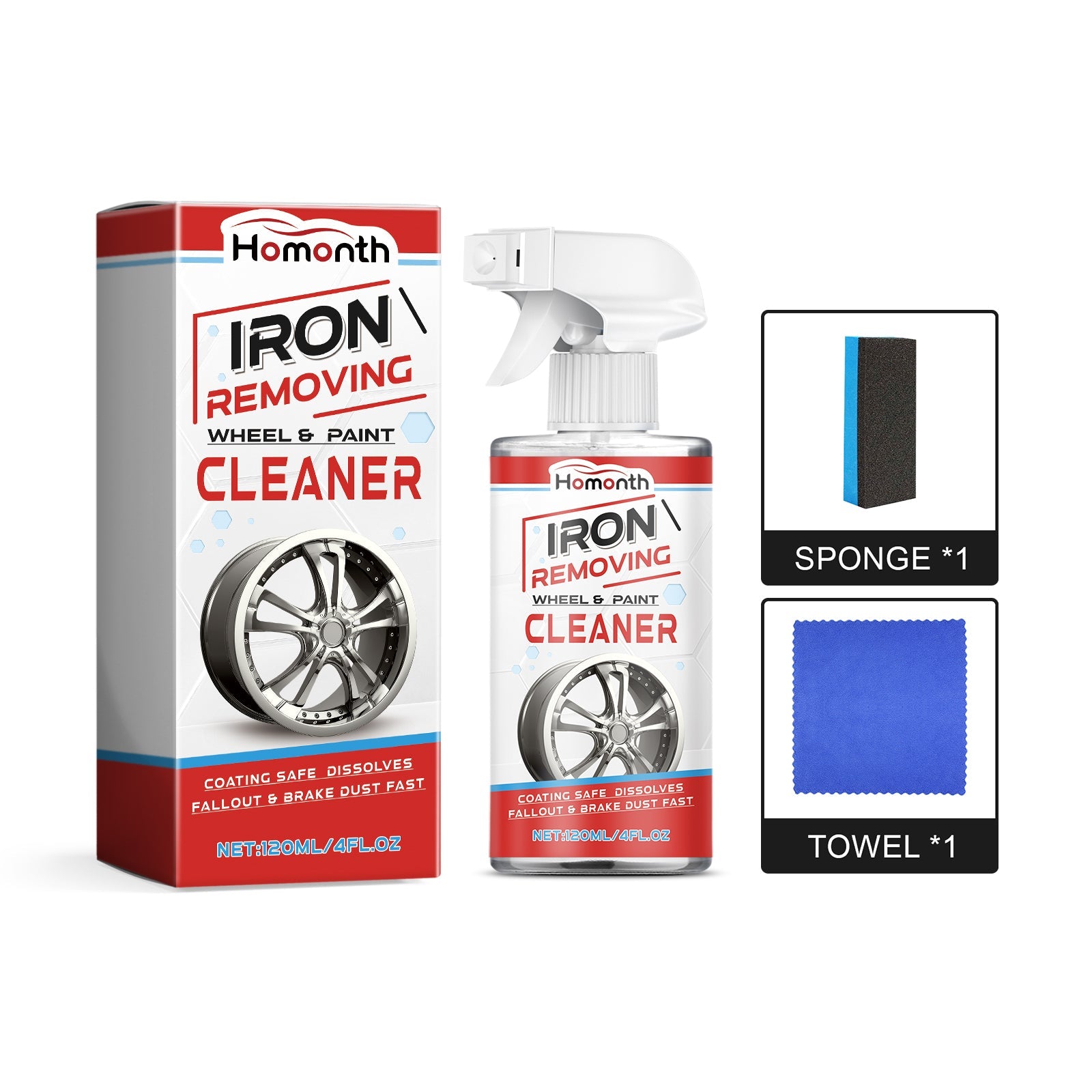 Car Wheel Rust Removal Cleaner, Tire Rim Cleaning Decontamination Oil, Easy & Safe Automotive Wheel Care ,120ml+ sponge *1+ towel *1