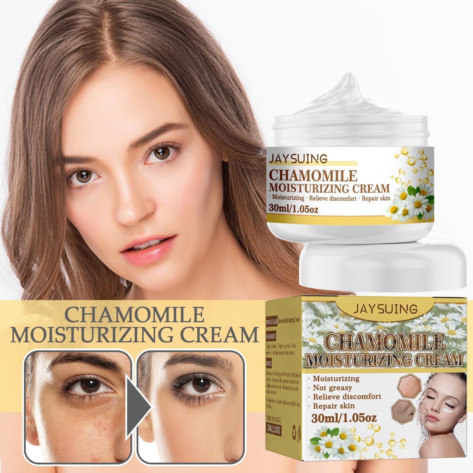 Chamomile Moisturizing Cream, Relieve Discomfort, Repair Skin, Hydrate & Brighten ,30ml