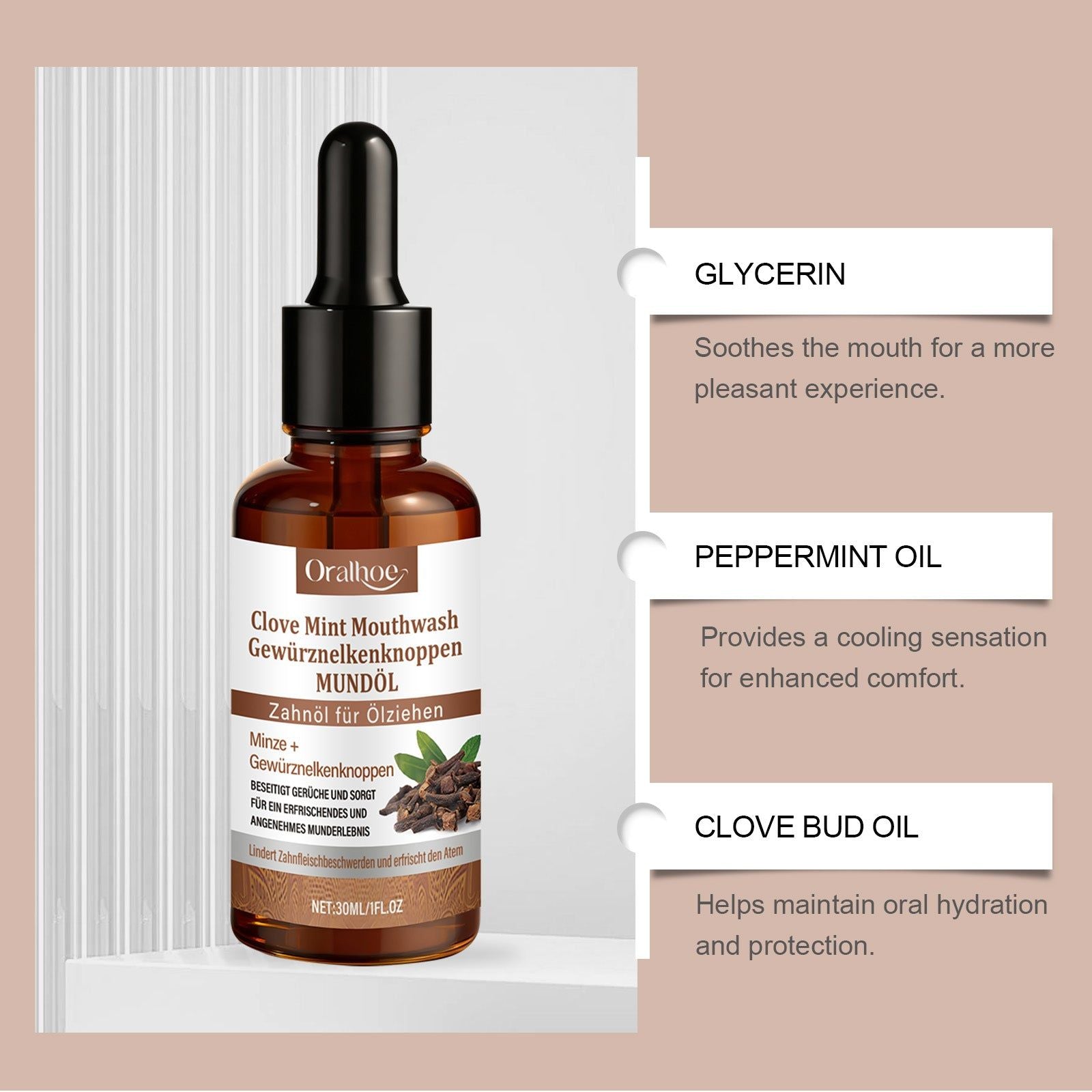 Clove Mint Mouthwash, Fresh Breath, Gum Care, Herbal, Long-Lasting Freshness ,30ml