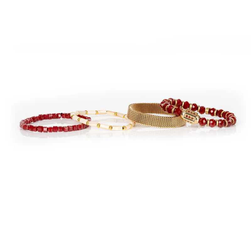 The Dark Ruby Red & Gold Beaded Bracelet Stack Crimson Glow