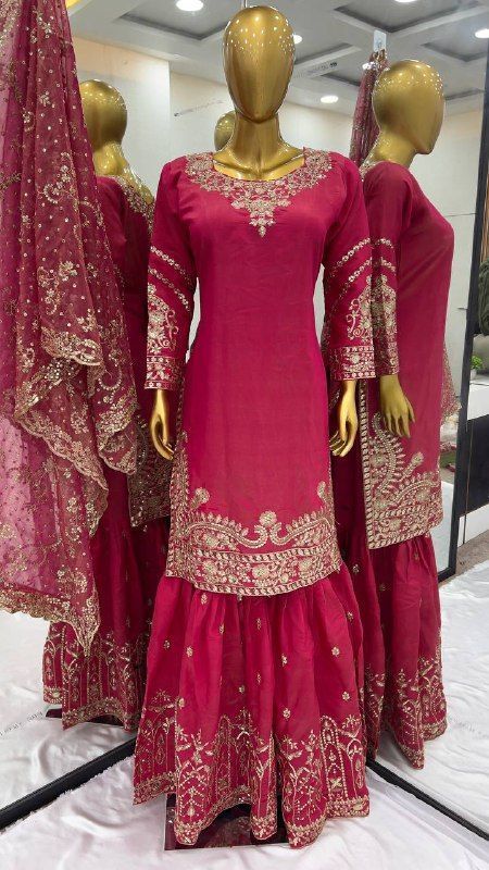 Fab Zone Designer Party Wear Look Top Plazzo And Dupatta With Heavy Embroidery Work