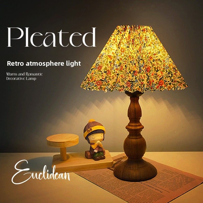 Vintage Floral Bedside Table Lamp with Wood Grain Base