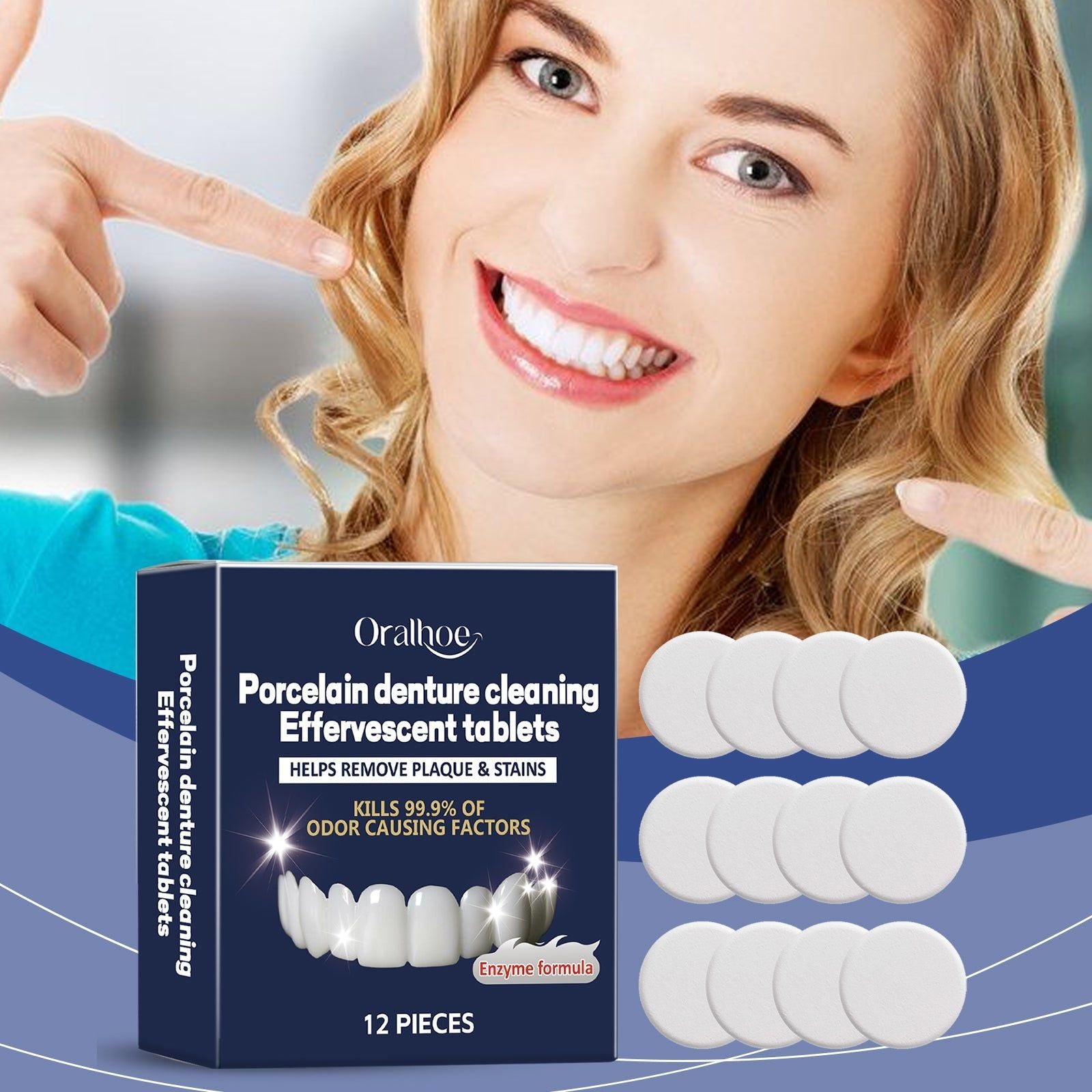 Denture Cleaning Effervescent Tablets, Fresh Breath, Stain Removal, Bacteria Killer ,12pieces