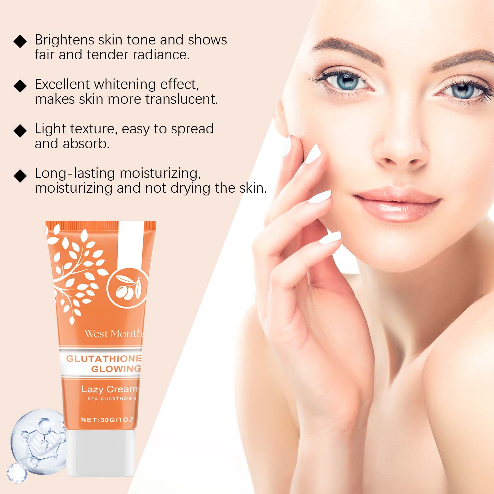 Natural Moisturizing Brightening Face Cream, Glutathione, Vitamin C, Sea Buckthorn ,30g