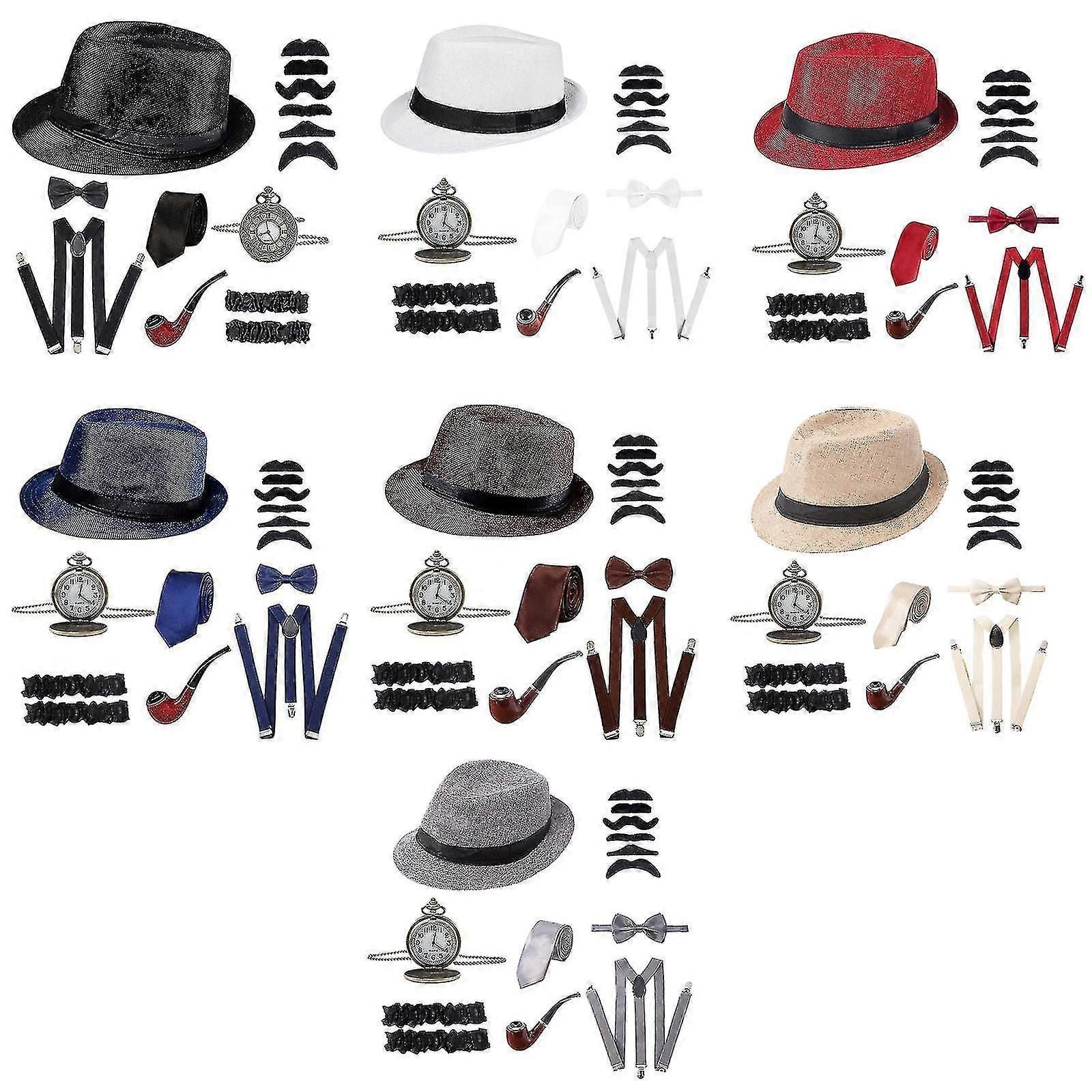 1920 Mens Gatsby Costume Accessory Set With Gangster Hat Beard Elastic Braces Neck Bow Pocket Watch