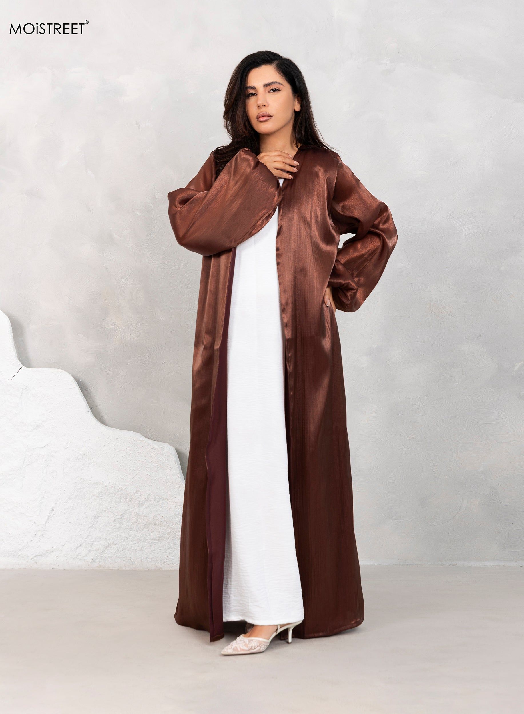 MOiSTREET Rotana Shimmer Brown Abaya Set with Under Dress & Sheila