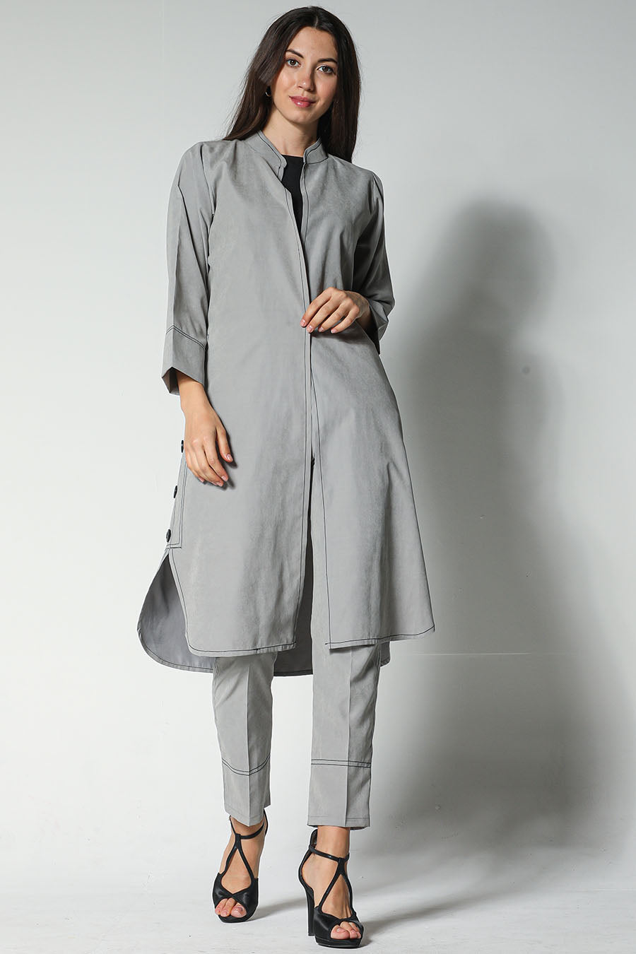 MOiSTREET Grey Shamua Fabric Jacket And Pants With Crepe Top