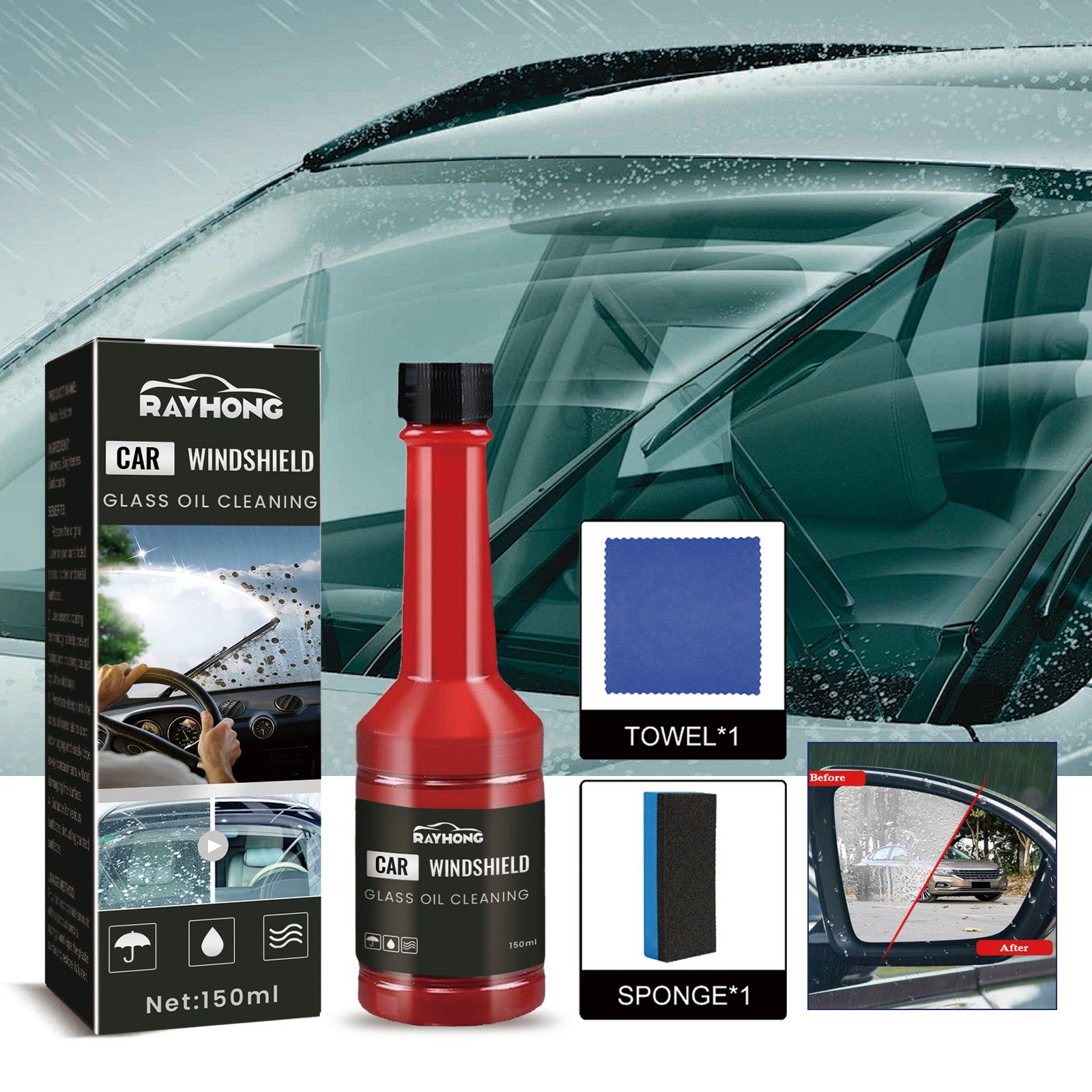 Car Windshield Cleaner, Remove Stains, Rainproof, Fog-Free, Clear Vision ,1set