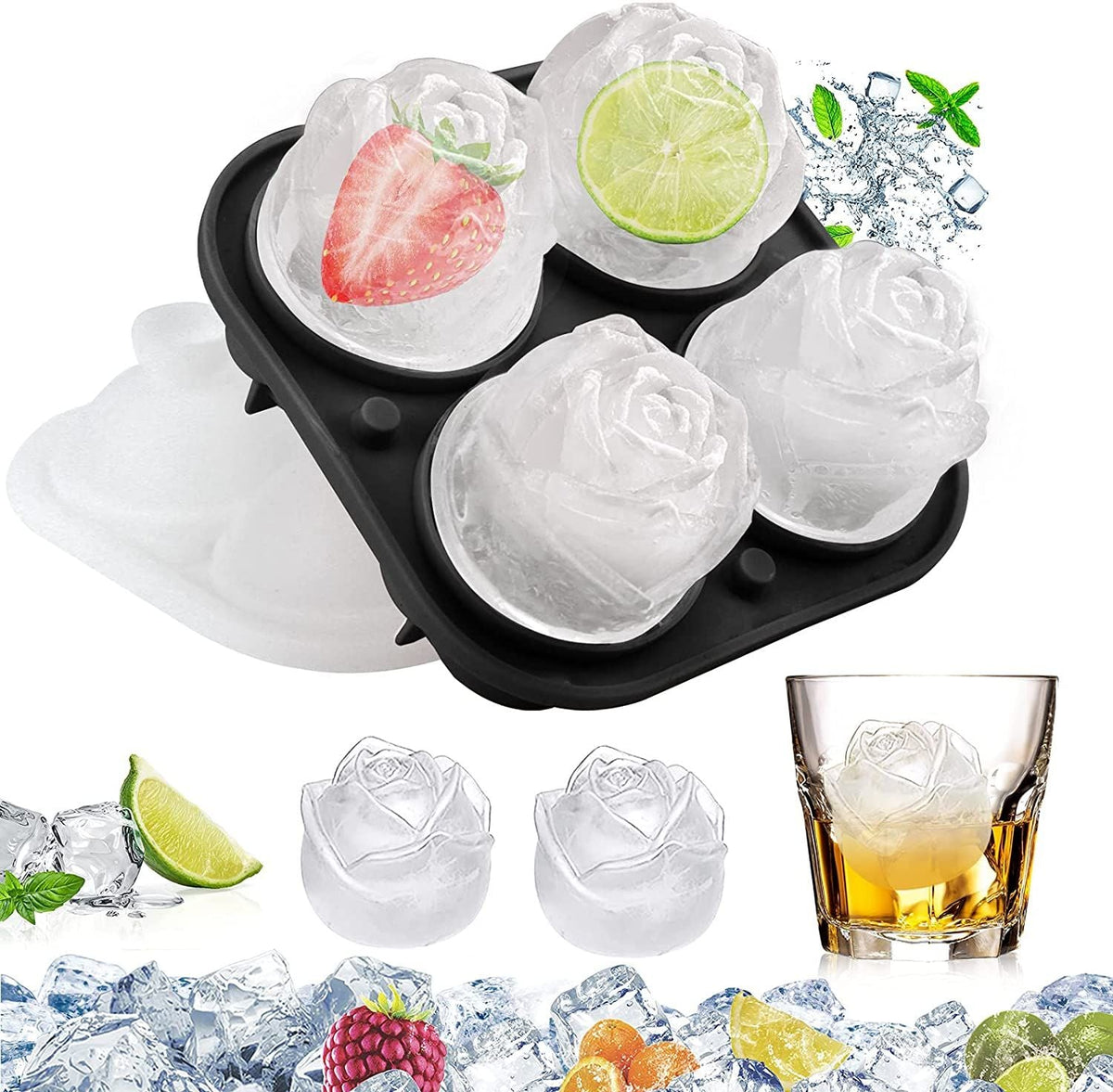 4 Cavity Ice Cube Trays 3D Silicone Rose Ice Tray Mold With Removable Funnel-Shaped Lid