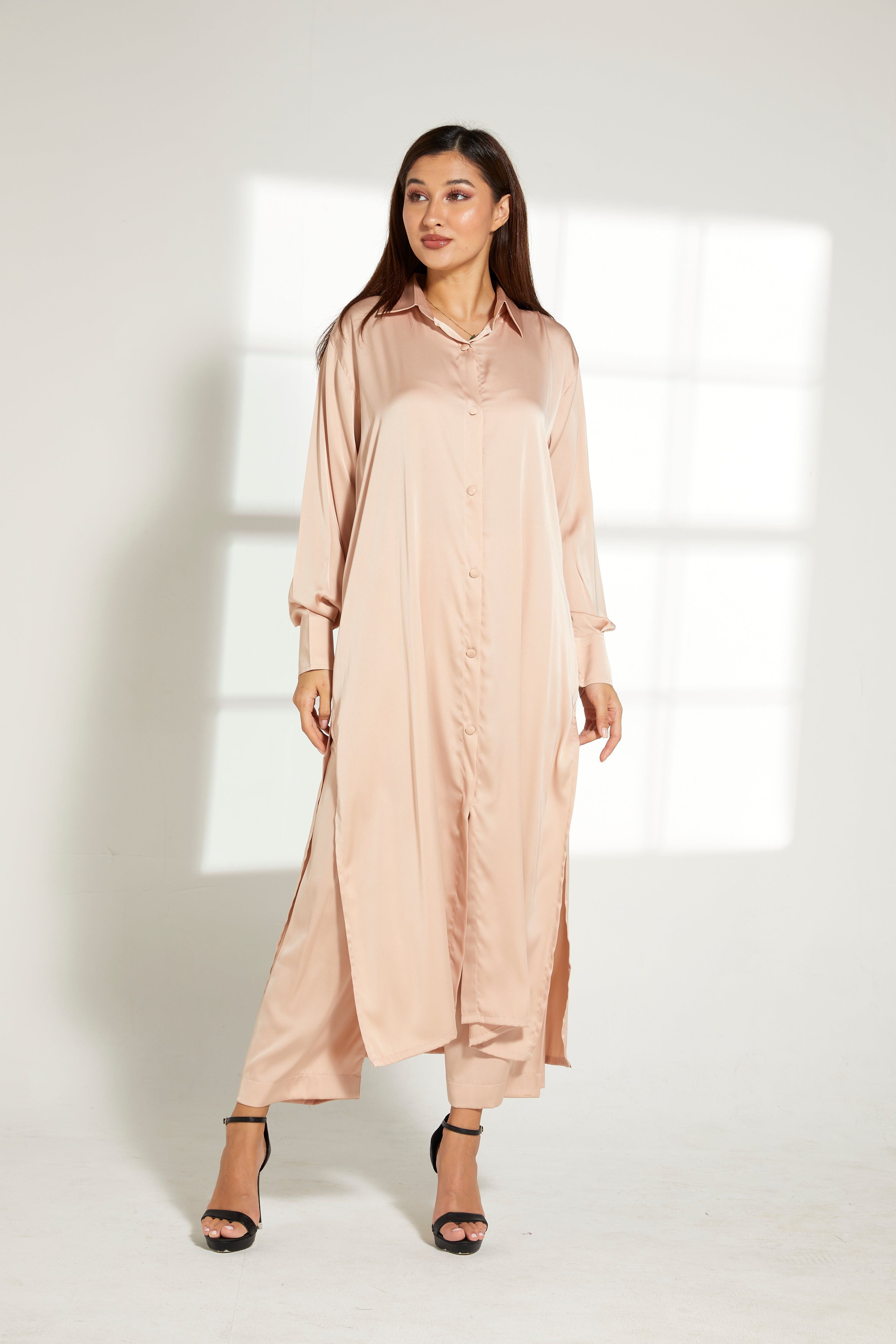 MOiSTREET Beige Silk Fabric Top and Pants Set