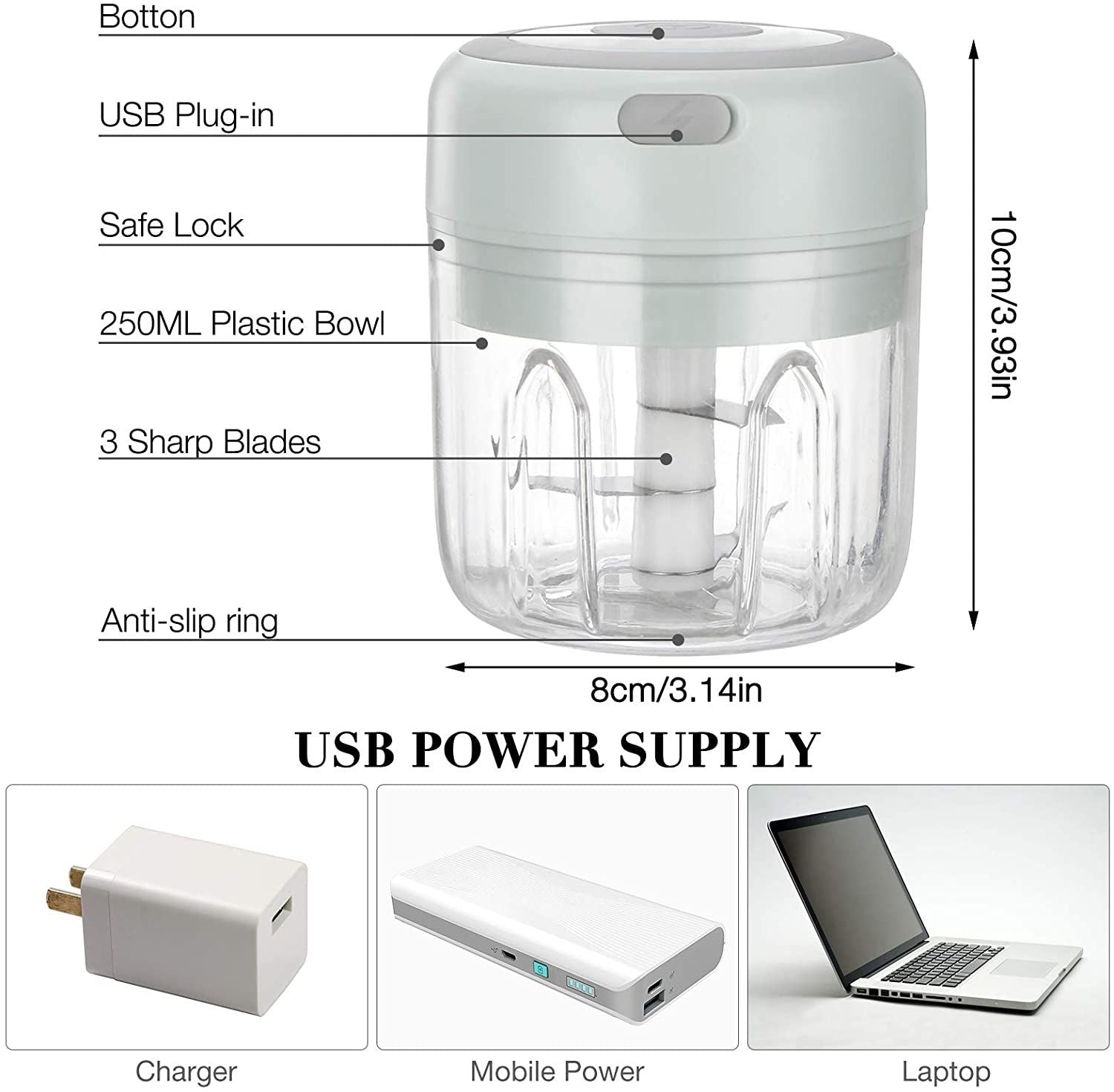 Electric Chopper Garlic Onion Cutter Fruit Meat Multi Chopper With USB Charging 250ml