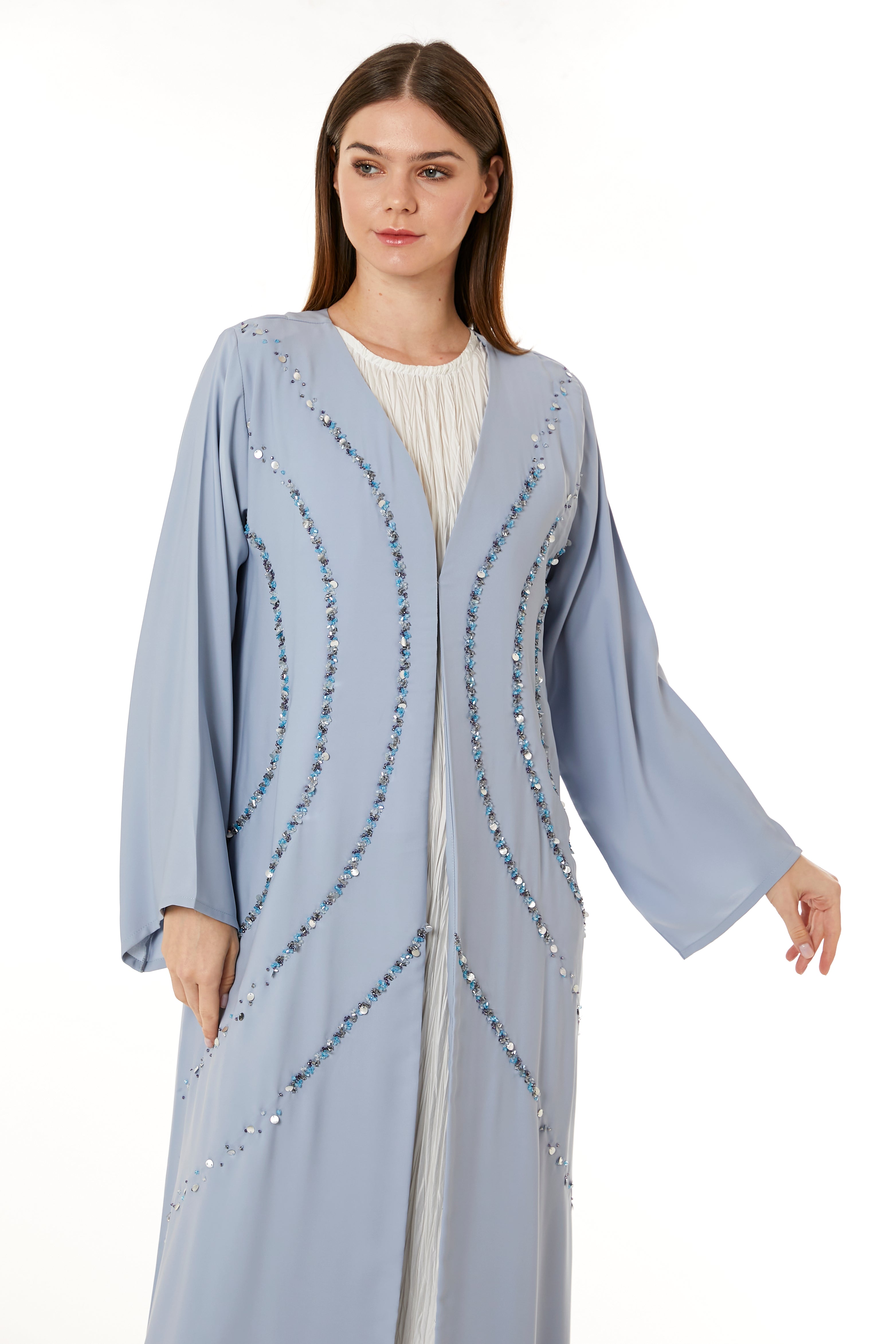 Light Blue Indonesian Crepe Hand Embellished Abaya
