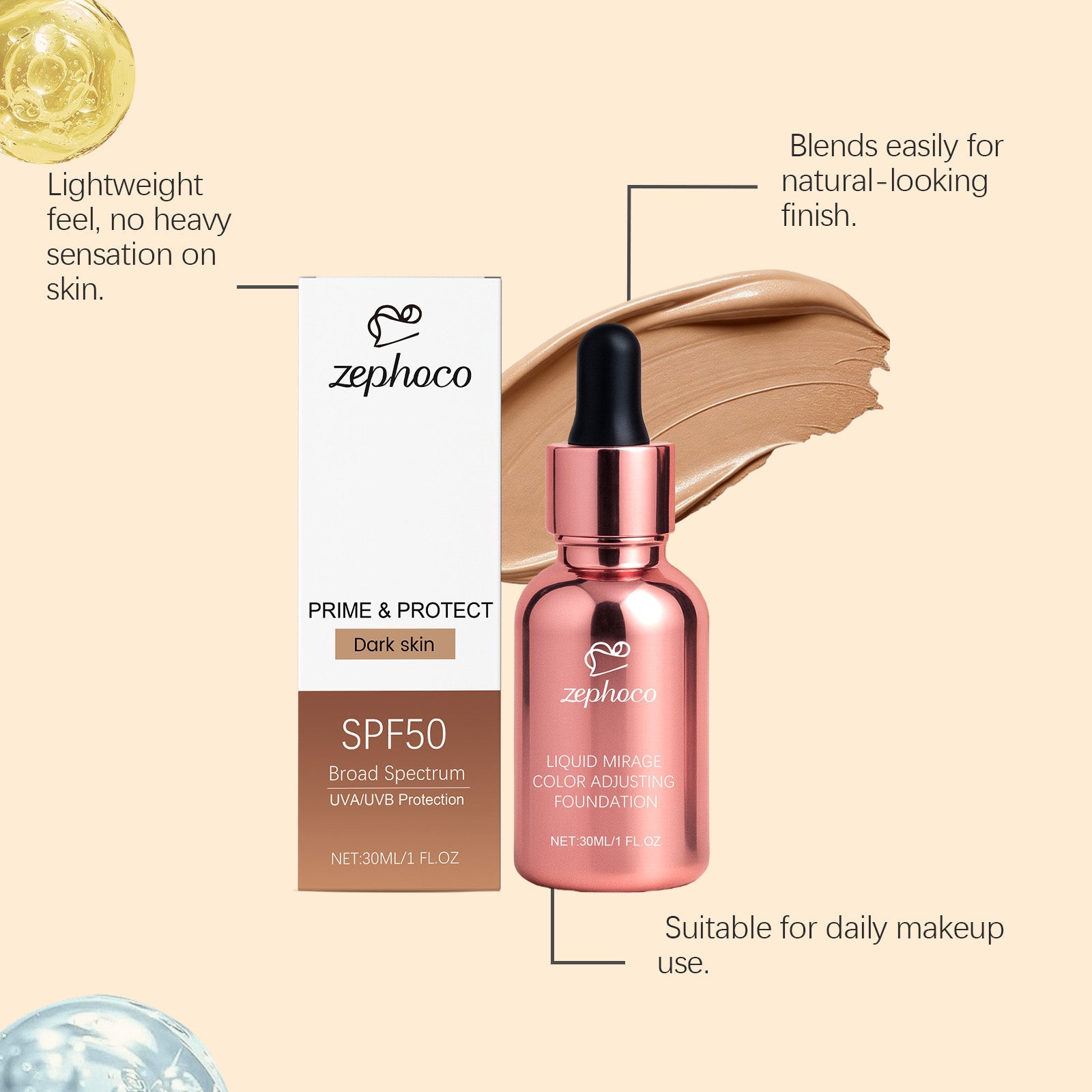 Dark Skin Liquid Foundation, Color-Changing, SPF50, Moisturizing, Natural ,30ml