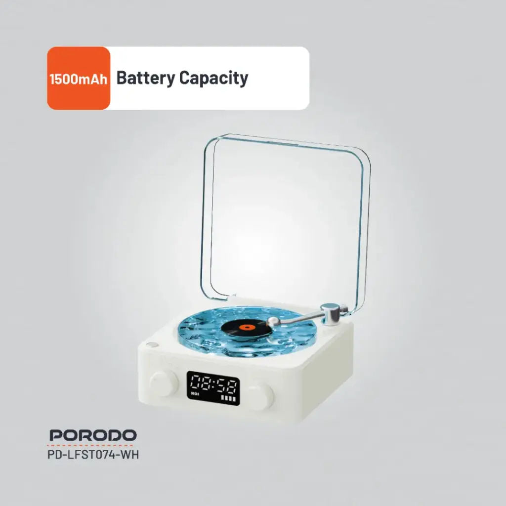 Porodo Lifestyle White Noise Portable Speaker with Clock Display, Ambient Light, Bluetooth 5.0, White