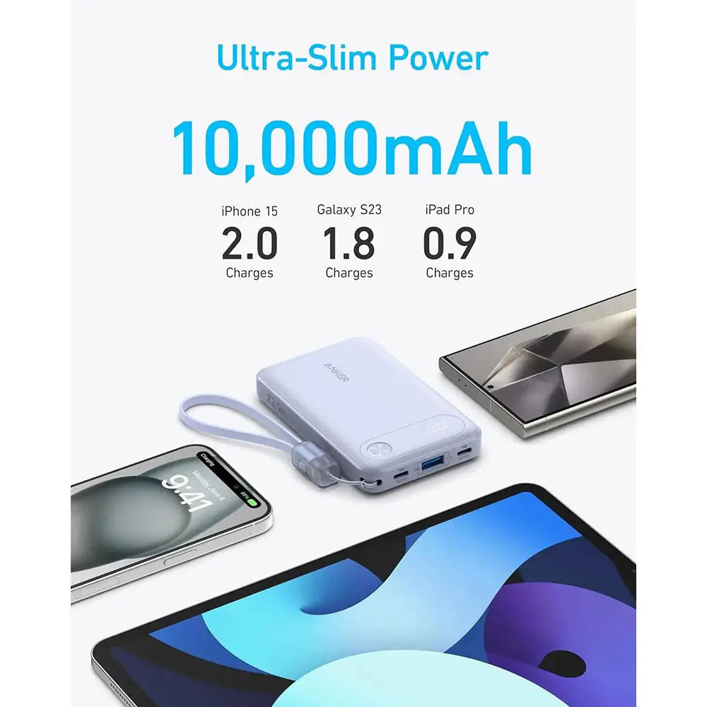 شاحن محمول من Anker بسعة 10000 مللي أمبير في الساعة وبقدرة 22.5 واط ومزود بمخرجين USB ومخرج USB-C