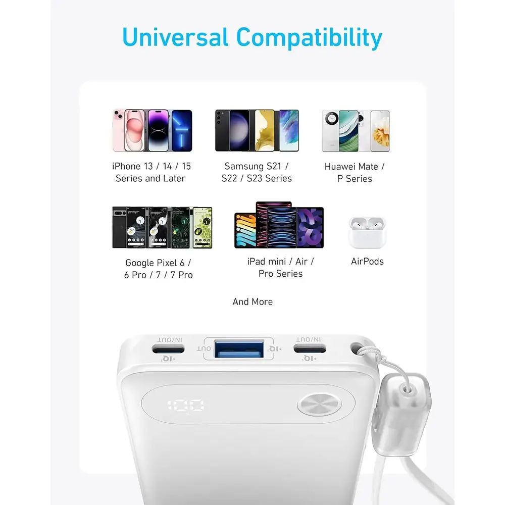 شاحن محمول من Anker بسعة 10000 مللي أمبير في الساعة وبقدرة 22.5 واط ومزود بمخرجين USB ومخرج USB-C
