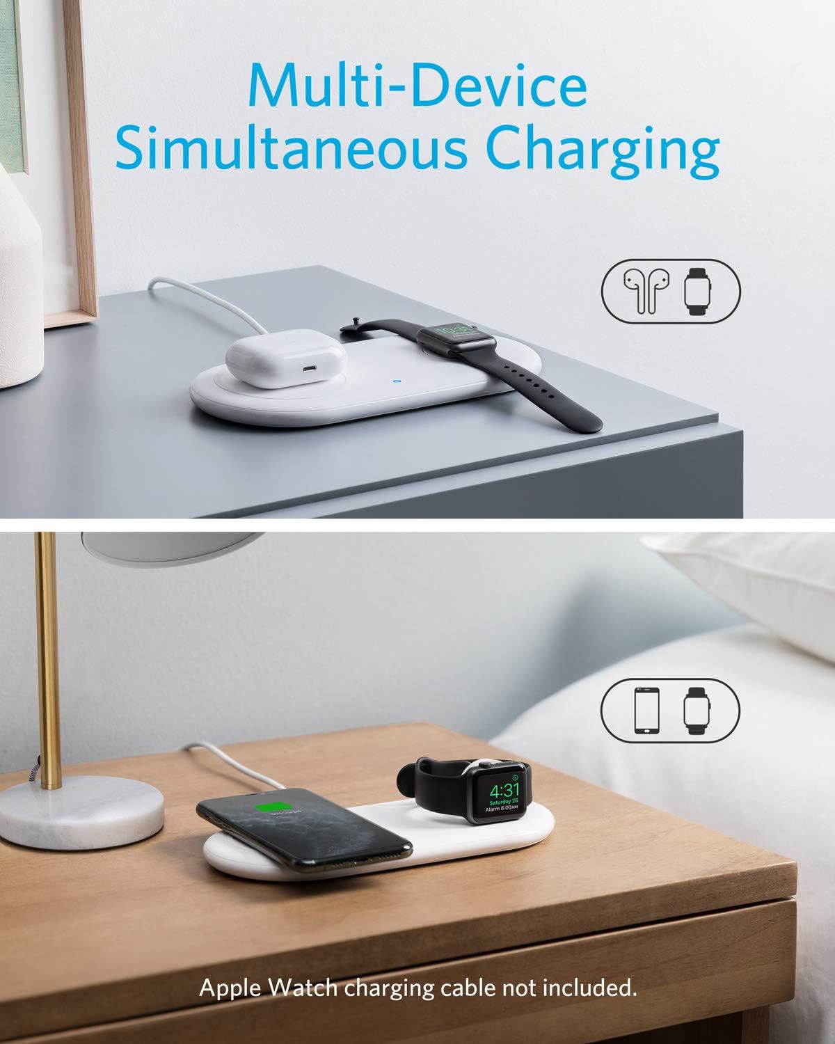 Anker PowerWave+ Pad Wireless Charger with Apple Watch Holder & Quick Charge 3.0 Wall Adapter, White
