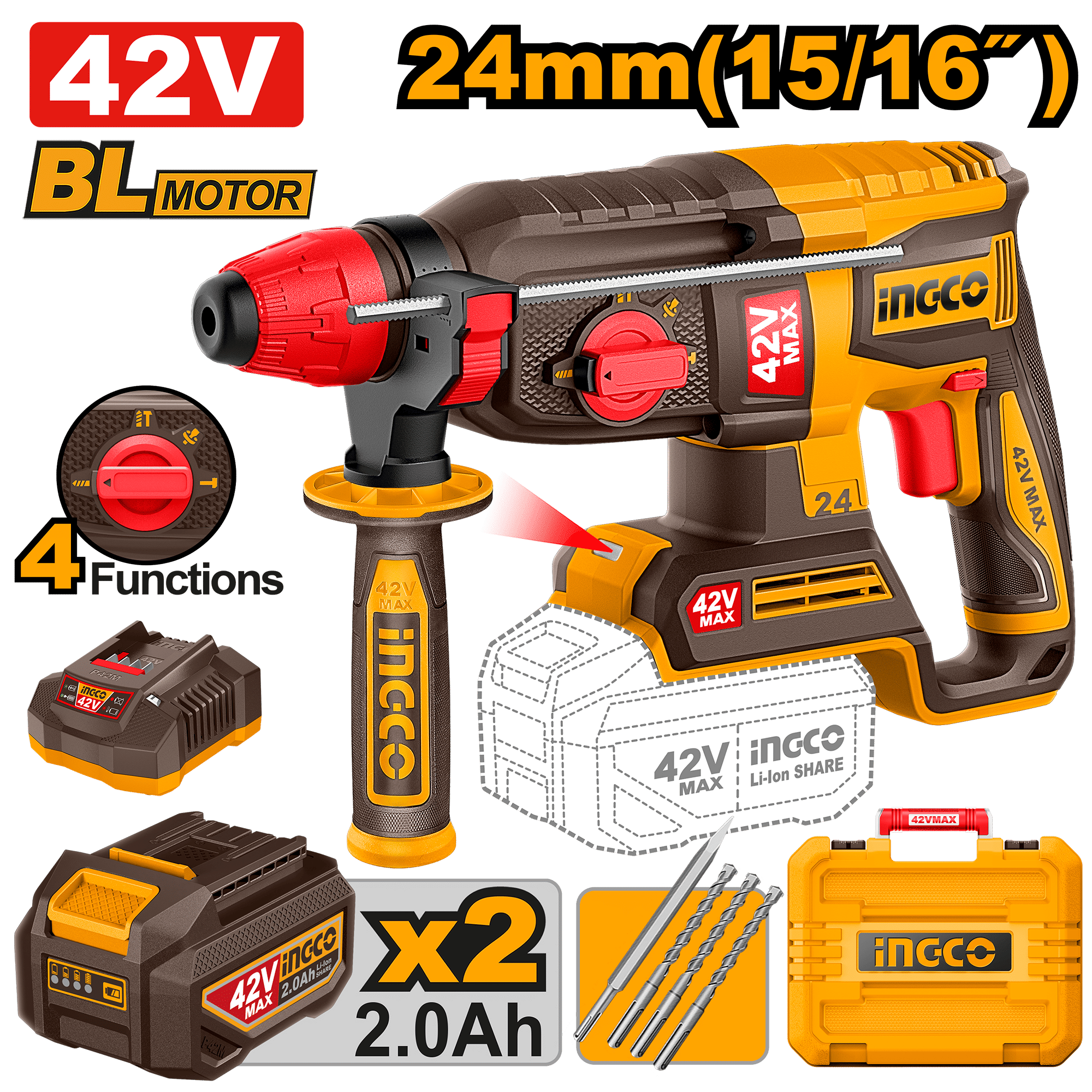 INGCO Cordless Rotary Hammer 24mm 42V Brushless Drill Kit