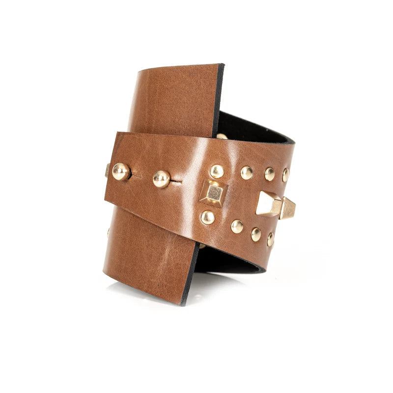 The Dark Layered Studded Leather Cuff Bronze Brown Wrap