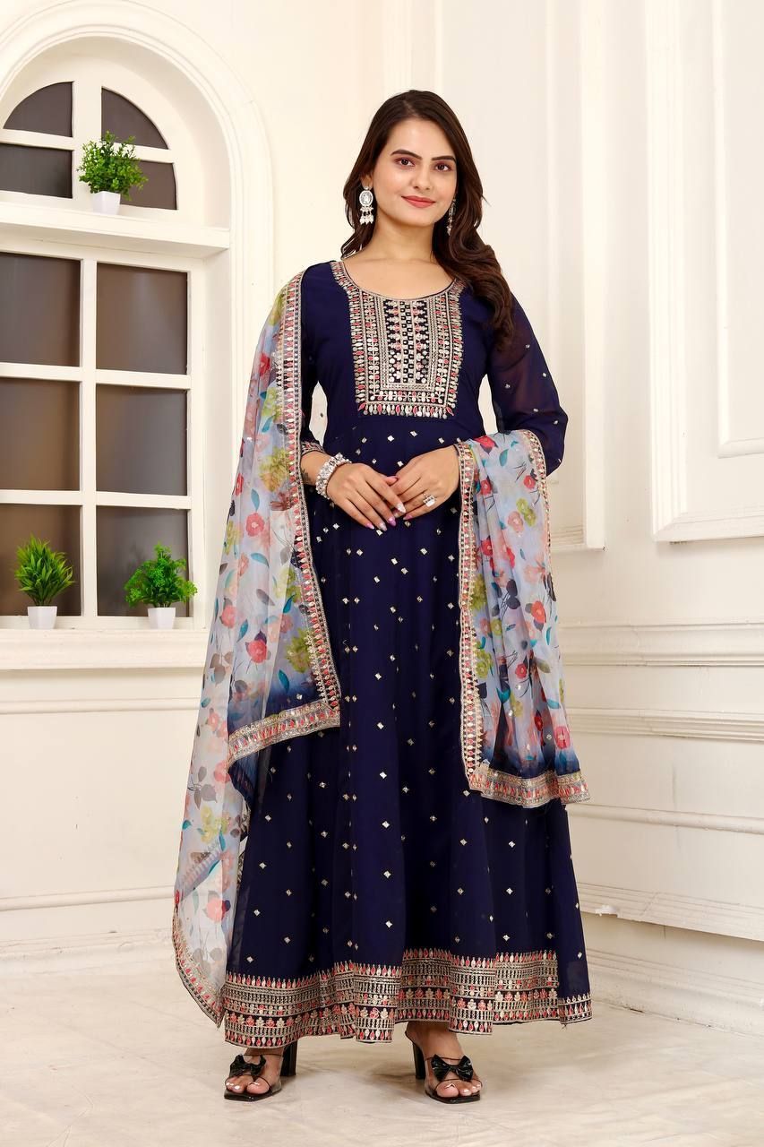 Fab Zone Fox Georgette Embroidered Anarkali Gown with Organza Dupatta Set For Women
