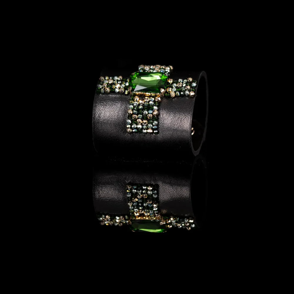 The Dark Crystal Ribbon Leather Cuff Bracelet Black & Emerald Spark